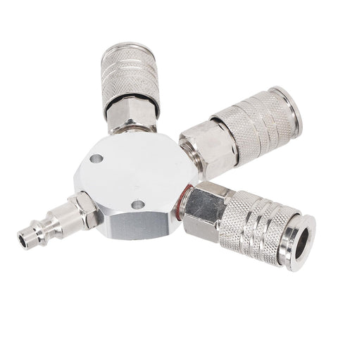 Three Way Air Manifold 1/4 NPT Male Thread Aluminum Alloy Pneumatic Fitting For Industry Self Locking Quick Connect One Hand Operation High Hardness Lightweight Durable Pneumatic Adapter on white background