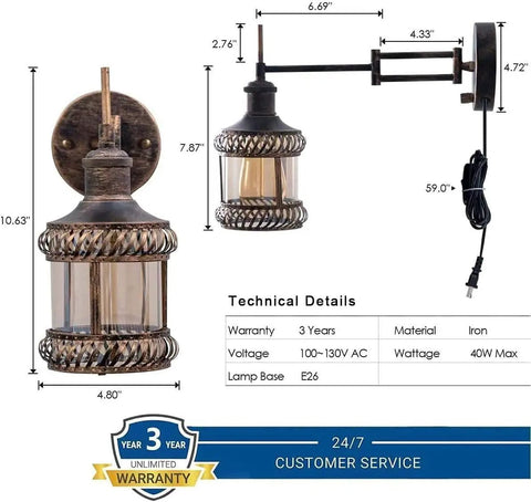 Two Pack Two In One Industrial Wall Sconce Lights Plug In Or Hardwired Antique Bronze Swing Arm Lamps With On Off Switch