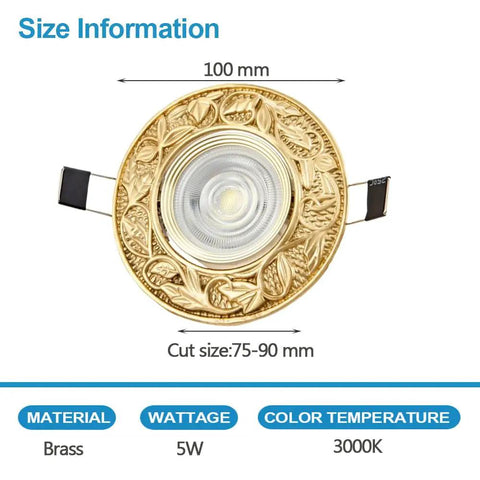 5w Vintage Brass Downlight Round Recessed Lighting Housing Trim Kits with decorative gold finishing and LED light.