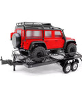 Top Shelf Metal Trailer Cargo Carrier Compatible With Trx4m 1/18 RC Rock Crawler Boss Upgrade Kit with red crawler on trailer.