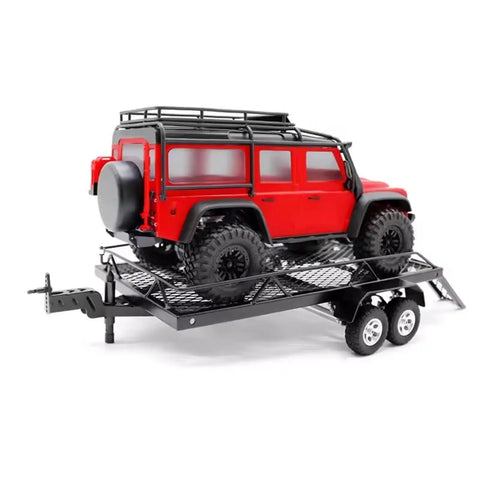 Ballistic Metal Trailer Cargo Carrier Upgrade Kit Compatible With TRX4M 1/18 Scale RC Car Trailers with red RC truck on trailer.