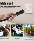 Three-Foot 12-Gauge Outdoor Extension Cord With Three Outlets Heavy Duty SJTW Grounded Power Cable 15 Amp 1875 Watts Indoor Outdoor Weather Resistant For Tools Equipment plugged into wall socket.