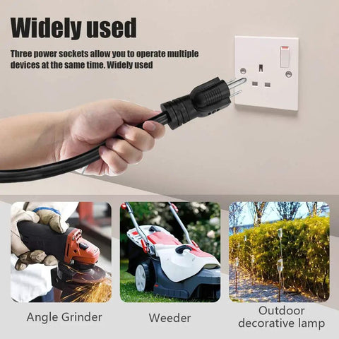 Three-Foot 12-Gauge Outdoor Extension Cord With Three Outlets Heavy Duty SJTW Grounded Power Cable 15 Amp 1875 Watts Indoor Outdoor Weather Resistant For Tools Equipment plugged into wall socket.