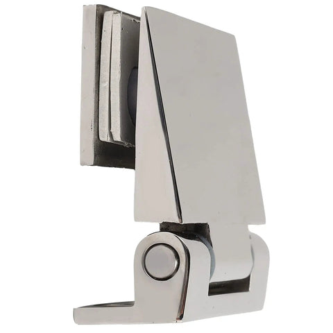 Premium 304 Stainless Steel Inclined Single Side Offset Pivot Hinge for 8 Through 12mm Tempered Glass Door, side view.