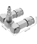 360 Degree Swivel 2 Way Air Hose Splitter with nickel-plated steel pneumatic fitting, dimensions labeled