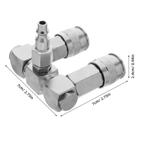 360 Degree Swivel 2 Way Air Hose Splitter with nickel-plated steel pneumatic fitting, dimensions labeled