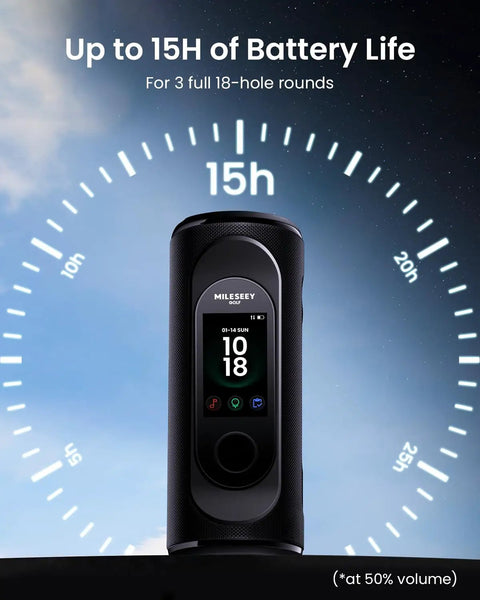 GeneSonic Pro Golf Speaker With Detachable GPS Rangefinder showing 15h battery life and digital clock display