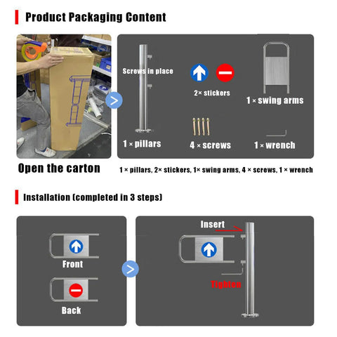 Heavy Duty One Way Safety Gate For Supermarket Entrance And Library Doors Rock Solid Metal Swing Barrier installation parts in packaging.