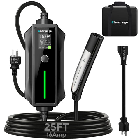 Portable Level One and Level Two EV Charger for Teslas and Other EVs with 240 Volt 16 Amp NEMA Six Twenty Home Charging Option and 120 Volt 12 Amp Adapter Adjustable 8 to 16 Amp NACS Compatible 25 Foot Cable ETL Certified LCD Display Travel Bag