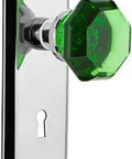 New York Plate With Keyhole Privacy And Emerald Waldorf Door Knob In Bright Chrome 2-3/4 Backset, Solid Brass Plates With Lead Crystal Knobs