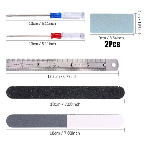 Must-Have 87-Piece Model Tool Kit For Gunpla And Hobby Building ruler, files, and screwdrivers with measurements visible.