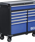Mega Size Heavy Duty Workshop Trolley With Ten Smooth Roll Drawers Tough As Nails Powder Coated Steel locked ball bearing casters, sturdy blue frame.