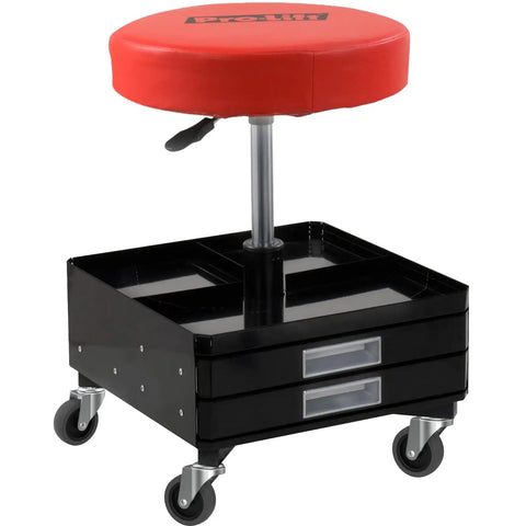 Heavy Duty 4 Inch Swivel Casters Featuring No Sweat Setup, Smooth Rubber Utility Cart Replacement Wheels on a rolling workshop stool.