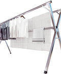 Straight Up Heavy Duty Clothes Drying Rack With Windproof Hooks Foldable Stainless Steel Laundry Stand for drying shirts and towels.