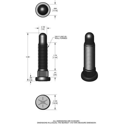 Beefed Up Oversized Wheel Studs With Coarse Threads And Short Knurls Super Tough 5/8 Inch Replacement Hardware For Hot Rods And Work Trucks Set Of Five, detailed drawing with dimensions.
