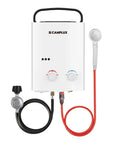5L Portable Tankless Water Heater For Camping And RV Off Grid Use With Propane Shower Instant Hot Water Folding Handle Easy Setup Overheat Protection Low Pressure Startup 1.32 GPM White, front view with hose and attachments