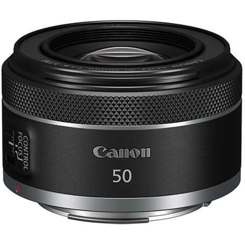 RF 50mm F1.8 STM Lens Bundle With UV Filter And Lens Cap Keeper For Low Light Portraits And Vlogging, lens close-up view.