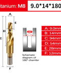 BIBFXAA two-stage step drill bit in gold; 9.0-14 mm steps, 94 mm length, and 180° chamfer diagram.