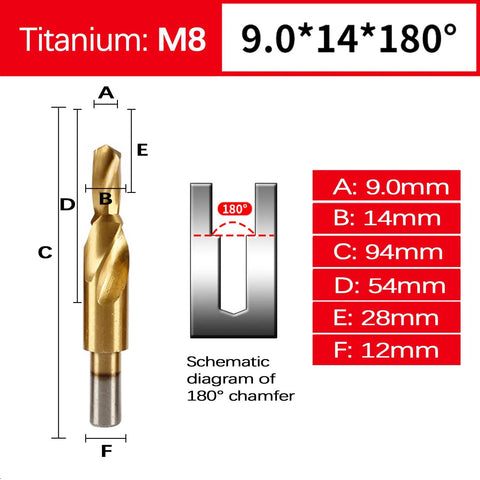 BIBFXAA two-stage step drill bit in gold; 9.0-14 mm steps, 94 mm length, and 180° chamfer diagram.