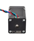 Front view of a NEMA 14 stepper motor with four-wire cable (red/blue/green/black) and black mounting faceplate