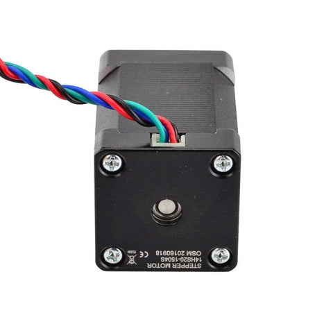 Front view of a NEMA 14 stepper motor with four-wire cable (red/blue/green/black) and black mounting faceplate