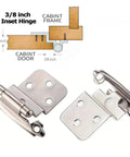Diagram and image of Three Eighths Inch Inset Cabinet Hinges Self Closing Flush Face Mount With Door Bumper for easy installation.