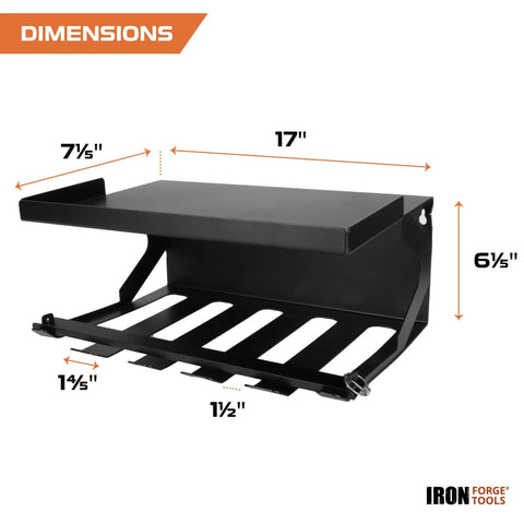 Heavy Duty Metal Power Tool Organizer Wall Mount For Five Cordless Drills Locking Drill Dock with dimensions displayed