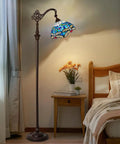 Dope Tiffany Style Stained Glass Floor Lamp With Sea Blue Dragonfly Pattern, 62 Inch Tall Industrial Dark Bronze Pole in bedroom