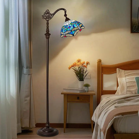Dope Tiffany Style Stained Glass Floor Lamp With Sea Blue Dragonfly Pattern, 62 Inch Tall Industrial Dark Bronze Pole in bedroom