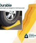 4 Pack Leveling Ramps For Cars And SUVs Anti Slip Wheel Chocks And Levelers For Camper Trailer On Uneven Ground Heavy Duty Stabilizers To Lift And Stabilize Your Ride shown stabilizing vehicle wheel with non-slip surface.