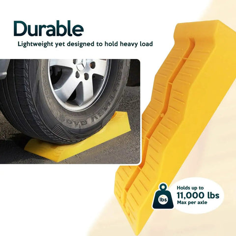 4 Pack Leveling Ramps For Cars And SUVs Anti Slip Wheel Chocks And Levelers For Camper Trailer On Uneven Ground Heavy Duty Stabilizers To Lift And Stabilize Your Ride shown stabilizing vehicle wheel with non-slip surface.