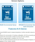 Front view of BME680 and BME688 environmental sensors for temperature, humidity, pressure, and VOC detection with I2C and SPI interfaces.