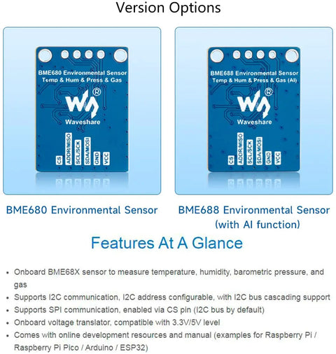 Front view of BME680 and BME688 environmental sensors for temperature, humidity, pressure, and VOC detection with I2C and SPI interfaces.