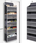 Seven Tier Over Door Hanging Storage Rack With Plentiful Mesh Side Pockets For Closets And Baths Heavy Duty Reinforced Bottom displaying various items.