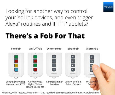 Hand holding remote control fob for YoLink devices with Alexa and IFTTT, featuring buttons labeled FlexFob, On/OffFob, DimmerFob, SirenFob, AlarmFob.