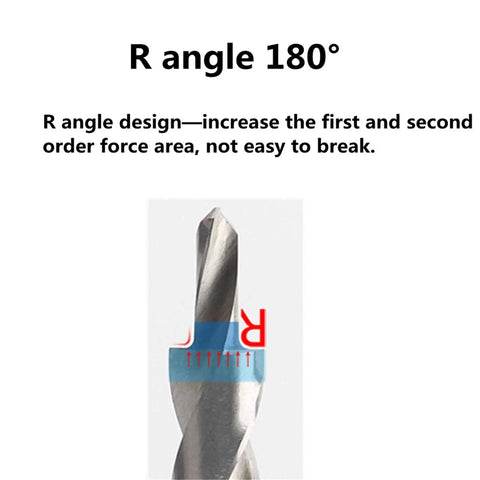 Close-up of drill bit with R angle design, Titanium Coated Pocket Hole Drill Bit Set With Adjustable Depth Stop Collar For Manual Pocket Hole Jig System 3/8 Inch Size And 1/4 Inch Hex Shank Twist Step Bits Includes Wrench And Limit Ring Built To Last.