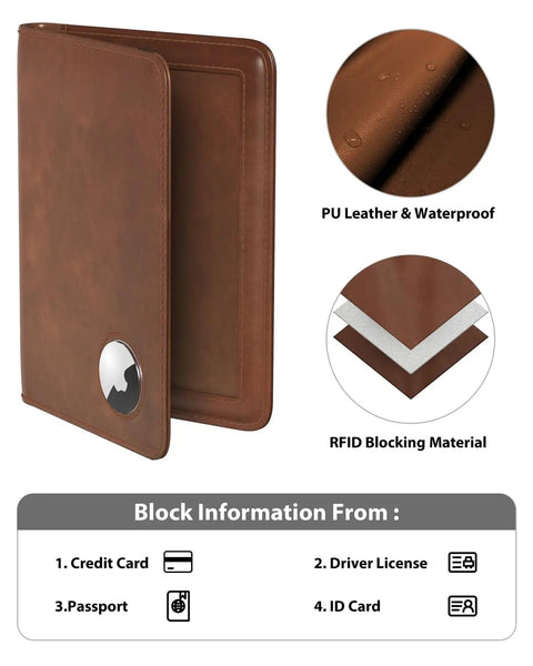 AirTag Enabled Passport Holder With RFID Protection, Leather Passport Wallet For Men showcasing waterproof material and RFID blocking layers