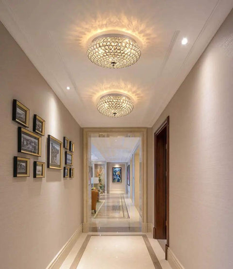 Crystal Flush Mount Ceiling Light Fixture With Sparkling Crystals in hallway, modern glam, chrome finish, elegant warm glow