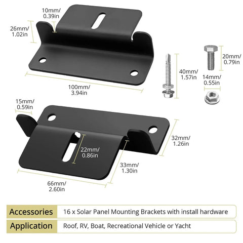 Dimensions and details of 4 Pack Solar Panel Z Mounting Brackets With Aluminum Construction And 304 Stainless Steel Screws