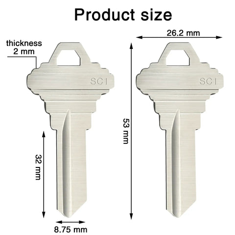 SC1 5 Pin Key Blanks Pack Of 50 Brass Silver Blank Keys For Schlage C Keyway Locksmiths shown with dimensions