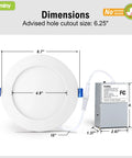 Top Shelf 24 Pack Of 6 Inch Led Recessed Canless Wafer Downlights In Crisp White shows dimensions and cutout size details.