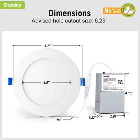 Top Shelf 24 Pack Of 6 Inch Led Recessed Canless Wafer Downlights In Crisp White shows dimensions and cutout size details.