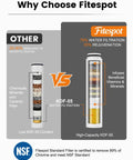 Comparison of two water filters, showing the superior high-capacity KDF-55 shower filter by Fitespot for effective chlorine removal