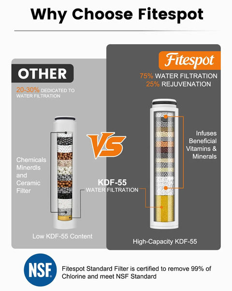 Comparison of two water filters, showing the superior high-capacity KDF-55 shower filter by Fitespot for effective chlorine removal
