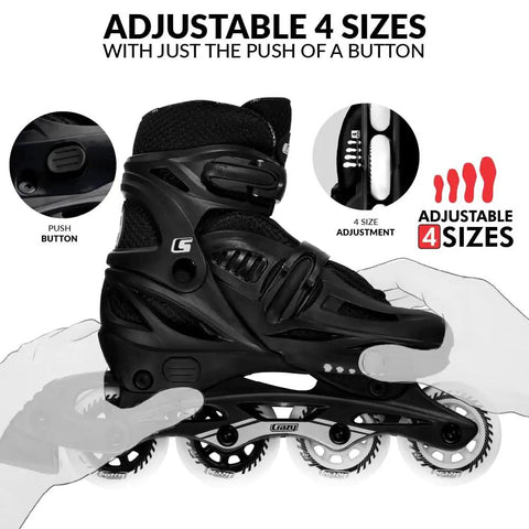 Adjustable Kids Inline Skates Grow With You Across Four Sizes With Push Button Expansion detail view.