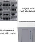Portable Evaporative Air Cooler With Four Freezing Ice Packs And Spacious Water Tank Kicks Serious Heat For Bedroom Home Office And keeps your space cool as butter daily, showing large air outlet and visual water tank.