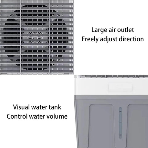 Portable Evaporative Air Cooler With Four Freezing Ice Packs And Spacious Water Tank Kicks Serious Heat For Bedroom Home Office And keeps your space cool as butter daily, showing large air outlet and visual water tank.