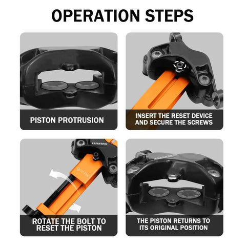 Pro Grade Brake Caliper Piston Press Tool for hydraulic disc brakes, operation steps for piston alignment, designed for SRAM.