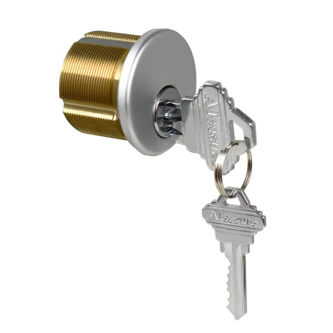 Heavy Duty Mortise Cylinder Lock For Commercial Storefront Doors, Satin Chrome Brass Cylinder, Compatible With Adams Rite Kawneer And Vistawall Deadbolts, 2 Pack With Matching Keys, Anti Corrosion Sturdy Build shown with keys inserted