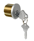 Pro Grade Satin Chrome Mortise Door Lock Cylinder With SC Keyway And Thumbturn Keys Built To Last For Aluminum Storefront Doors And Shop Door Replacements Silver Finish with brass cylinder and attached keys.